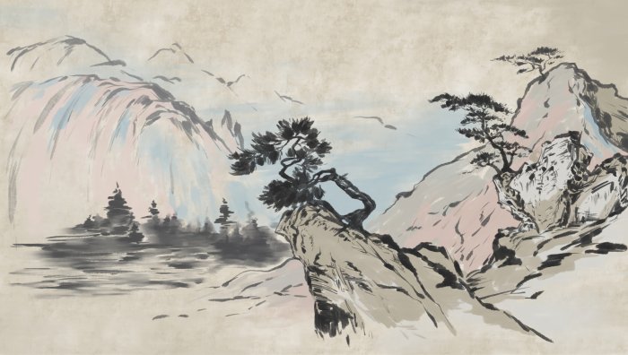 Fotobehang Bomen op rotsen met bergen op de achtergrond, Chinees landschap