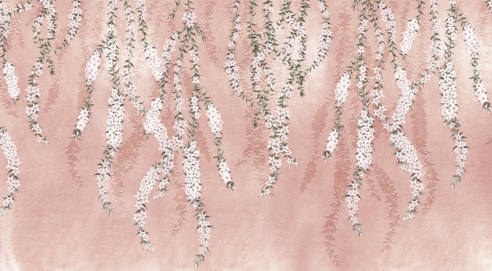 Fotobehang Takken van planten met witte bloemen op een roze achtergrond