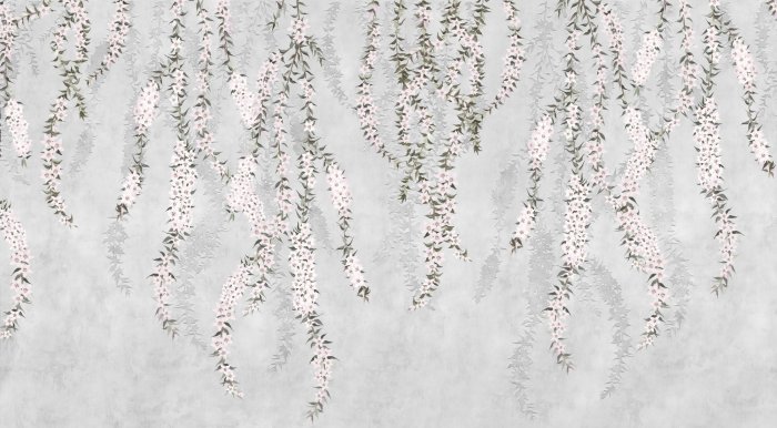 Fotobehang Bloeiende takken met bloemen op een grijze achtergrond