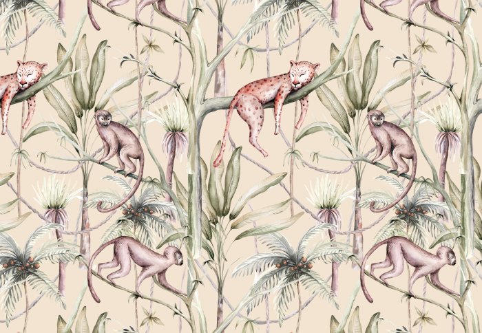 Fotobehang Wilde katten en apen op tropische planten