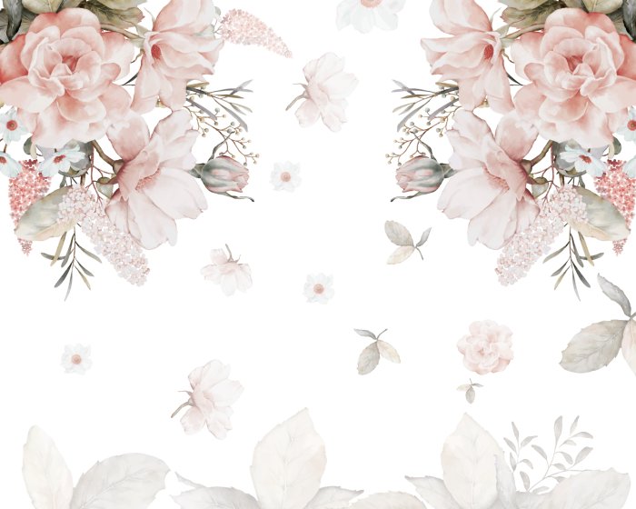 Fotobehang Aquarelbloemen en bladeren op een witte achtergrond