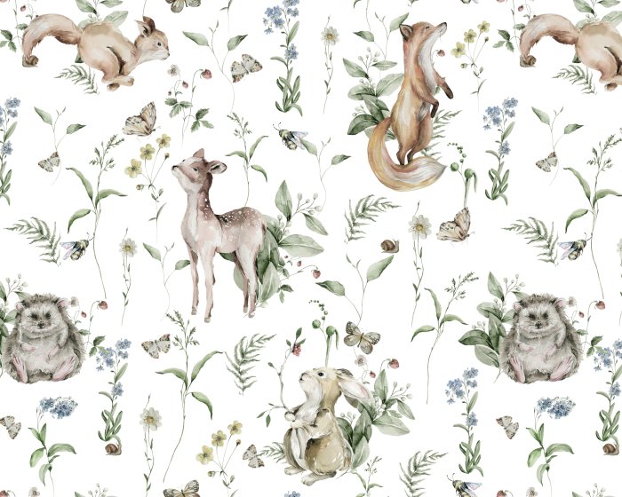 Fotobehang Aquarel bosdieren en planten