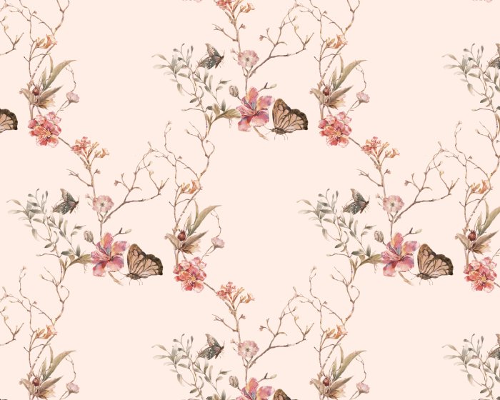 Fotobehang Vlinders tussen de bloemen op de takken