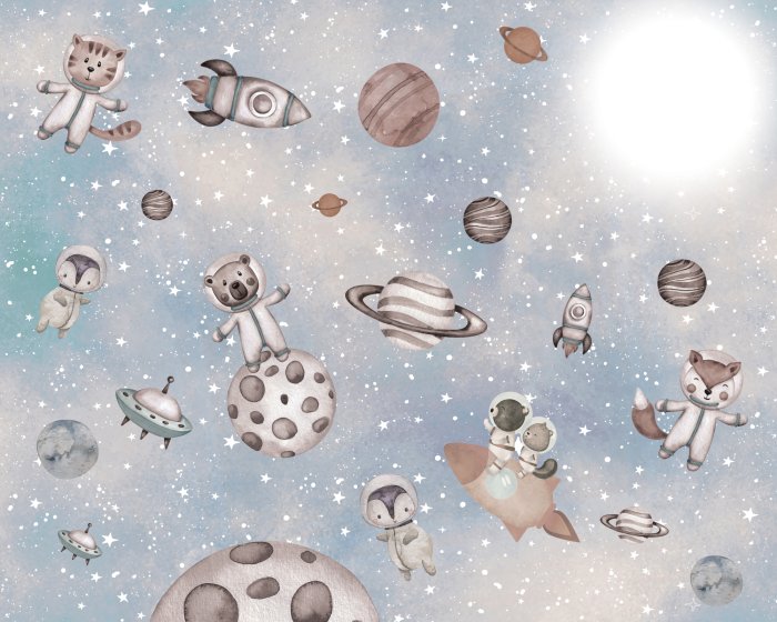 Fotobehang Dieren en planeten op een sterrenachtergrond