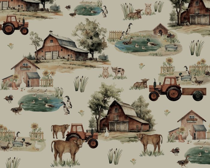 Fotobehang Aquarelboerderij met dieren