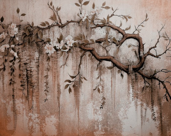 Fotobehang Witte bloemen op een tak met een betonnen textuur