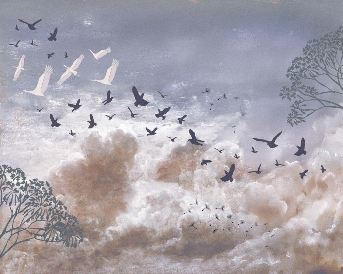 Fotobehang Vogels en paardenbloemzaden tegen de wolken