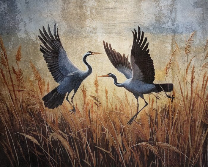 Fotobehang Reigers en planten in de weide