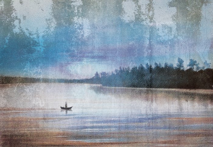 Fotobehang Landschap van een boot op een meer met een betoneffect