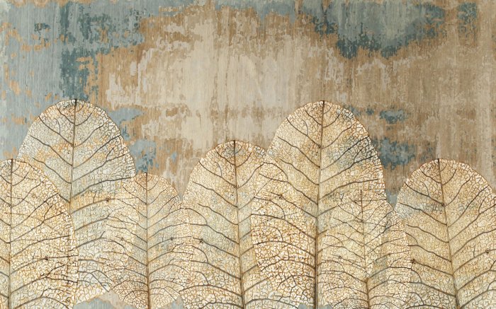 Fotobehang 3D-bladeren op een gestructureerde achtergrond met een betoneffect