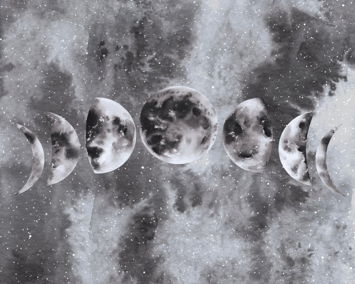 Fotobehang Maanfasen op een aquarelachtergrond