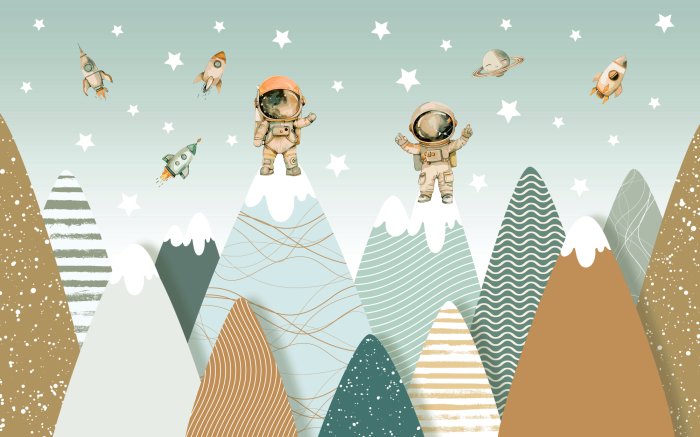 Fotobehang Kosmonauten en 3D-berglandschap