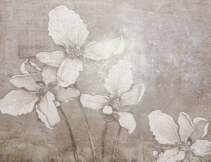 Fotobehang Witte 3D-bloemen op een gestructureerde achtergrond