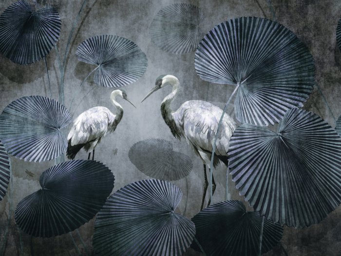 Fotobehang Witte kraanvogels tussen tropische bladeren