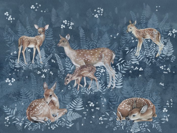 Fotobehang Aquarelpatroon van herten- en varenbladeren