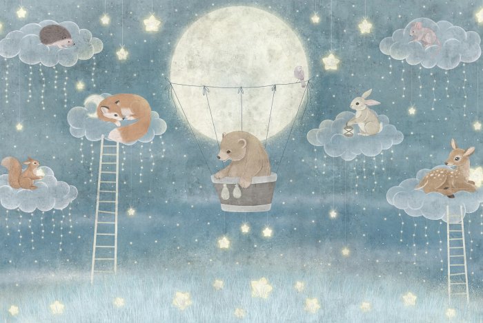 Fotobehang Dieren op wolken met een sterrenhemel op de achtergrond