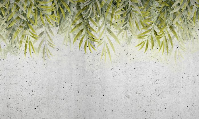 Fotobehang Groene bladeren hangen van bovenaf tegen een achtergrond van grijs beton