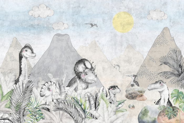 Fotobehang Dinosaurussen in een sprookjesland met vulkanen
