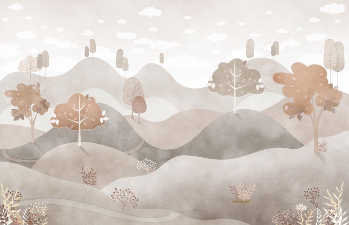 Fotobehang Herfstlandschap met bomen op heuvels in aquarelstijl