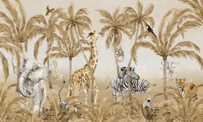 Fotobehang Safari dieren en palmbomen kinderpatroon