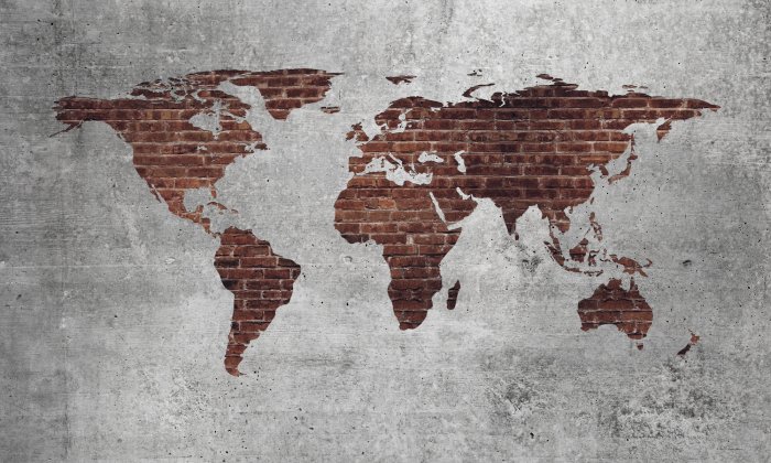 Fotobehang Rode bakstenen wereldkaart op een gestructureerde achtergrond