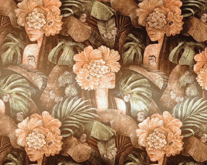 Fotobehang Vintage patroon met vrouwen tussen bloemen