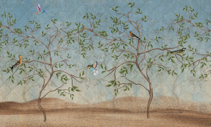 Fotobehang Vogels en bomen met geometrische vormen op de achtergrond