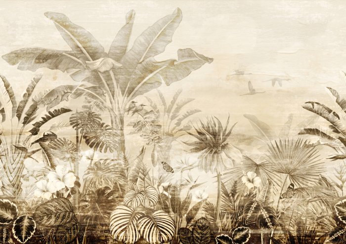 Fotobehang Vogels en junglelandschap in vintage stijl
