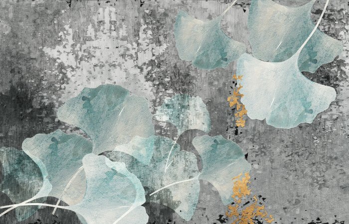 Fotobehang Blauwe Ginkgo-bladeren in moderne abstractie