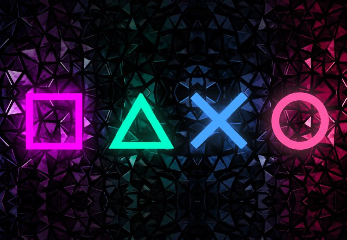 Fotobehang Neon spelsymbolen op een geometrische achtergrond