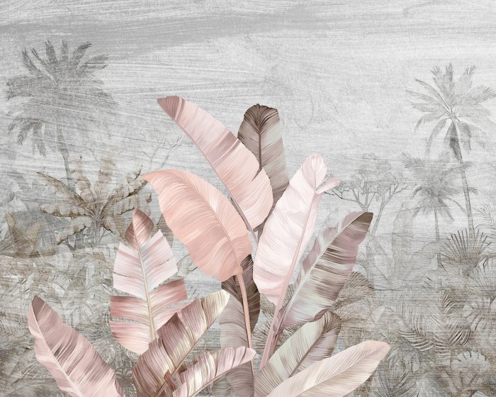 Fotobehang Pastelkleurige tropische bladeren op een grijze palmachtergrond