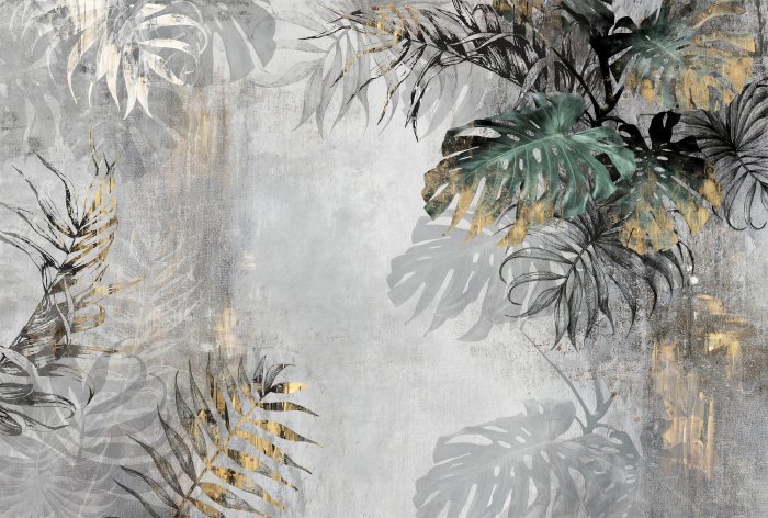 Fotobehang Een plantencompositie met monstera&#39;s op beton