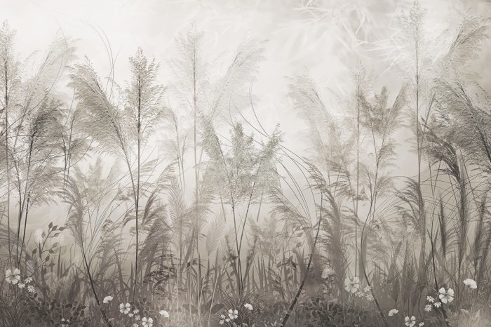 Fotobehang Botanische samenstelling van beige grassen en witte bloemen