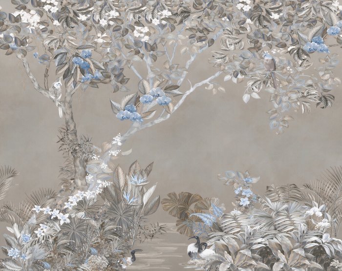 Fotobehang Blauwe bloeiende bomen en papegaaien