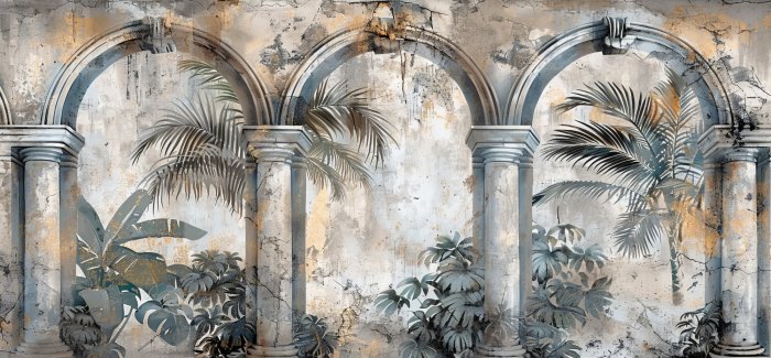 Fotobehang Een muurschildering met zuilen en architectonische bogen tussen palmbomen