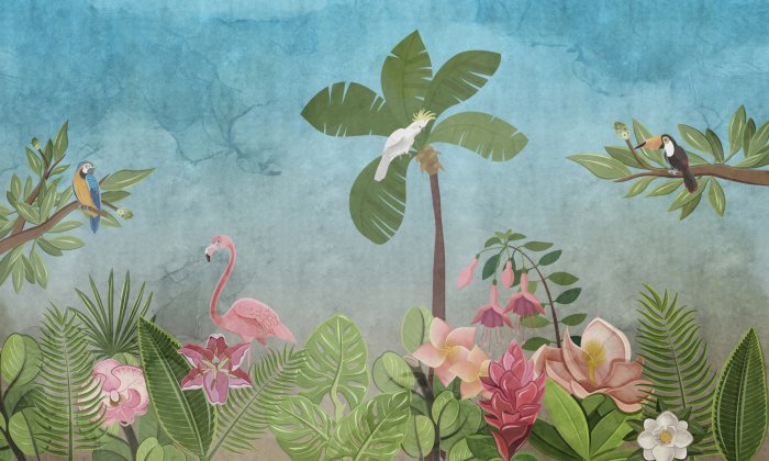 Fotobehang Tropisch paradijs met flamingo&#39;s en papegaaien