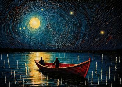 Poster Sterrennacht gezien vanaf een boot op het meer