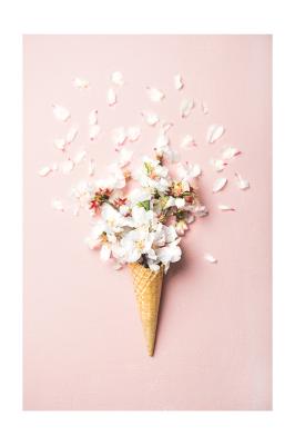 Poster Kersenbloesems in een wafelhoorntje op een roze achtergrond