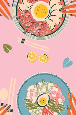 Poster Aziatische gerechten op roze achtergrond grafiek