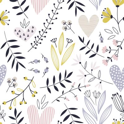 Behang Pastelkleurige bladeren planten en harten