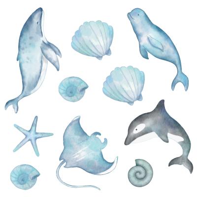 Sticker Zeedieren walvis dolfijn orka en zeesterren
