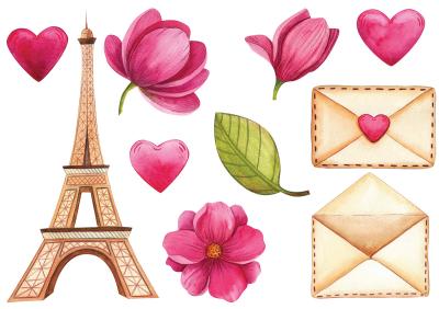 Sticker Eiffeltoren Roze Magnolia Bloemen en Harten