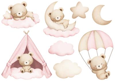 Sticker Aquarel teddyberen en wolken