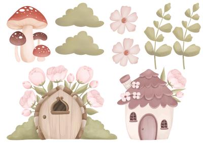 Sticker Feeënhuizen met bladeren en bloemen