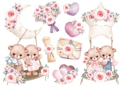 Sticker Teddyberen op schommels met bloemen maan en ster