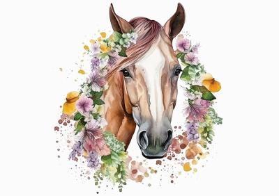 Sticker Aquarelportret van een paard tussen bloemen