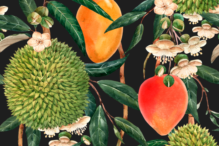 Canvas Durians en mango&#39;s in een tropische compositie