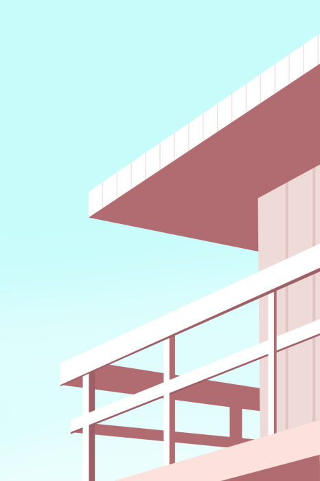 Fotobehang Een roze huis aan zee tegen een blauwe lucht