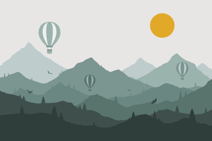 Fotobehang Een vredig panorama van de bergen met ballonnen.