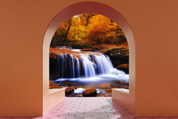 Fotobehang Landschap met uitzicht op een waterval in een herfstlandschap